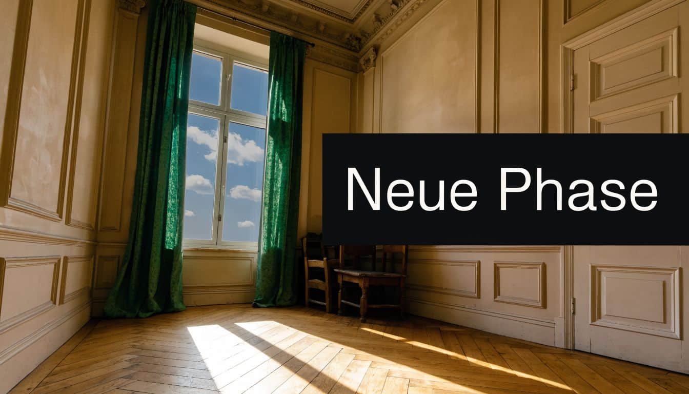 Ein sonnendurchfluteter, leerer Raum mit hohen Decken, grünen Vorhängen und einem hölzernen Stuhl vor einem Fenster.