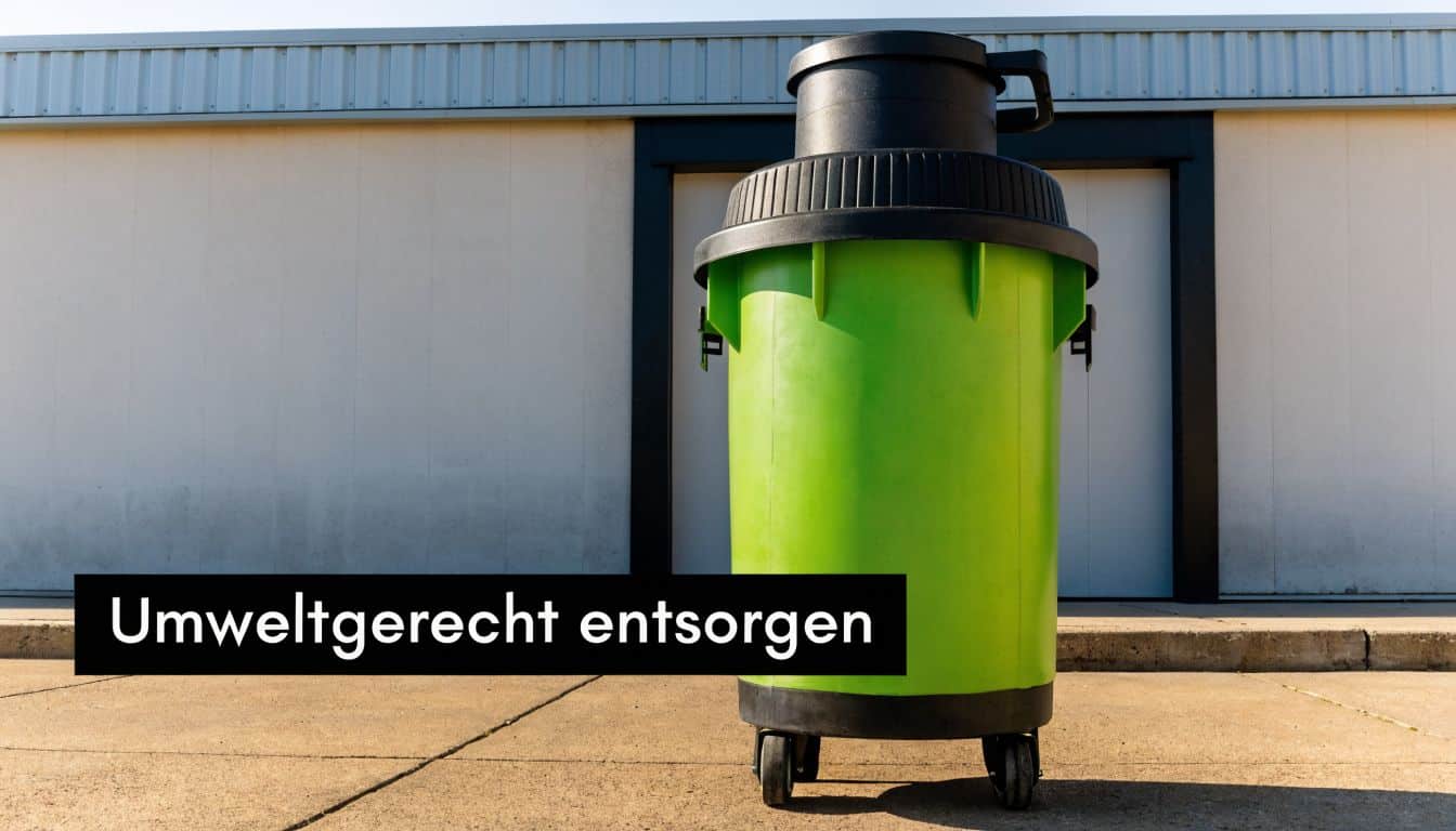 Ein grüner Müllcontainer auf einem befestigten Platz vor einem Industriegebäude mit dem Schriftzug Umweltgerecht entsorgen.