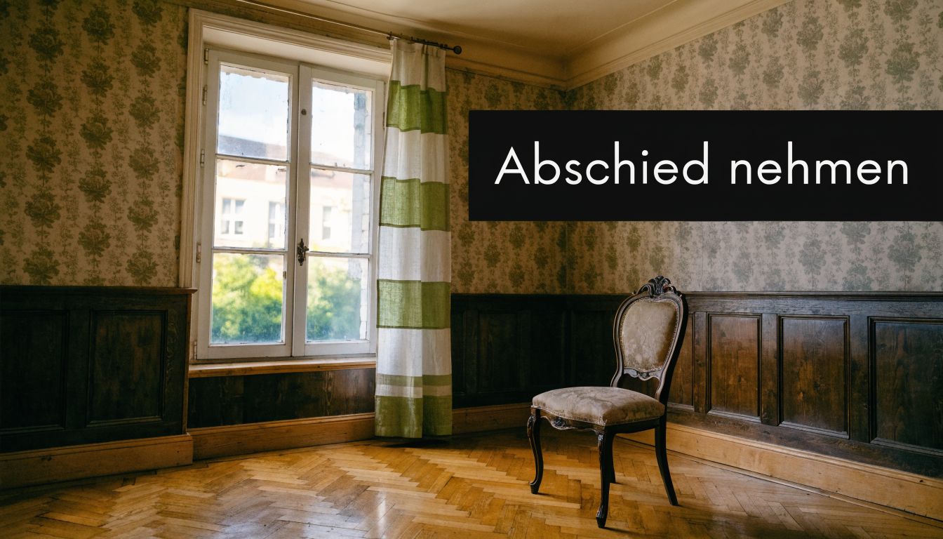 Ein einsamer antiker Stuhl steht in einem leeren Raum vor einem Fenster, der an eine Haushaltsauflösung erinnert.