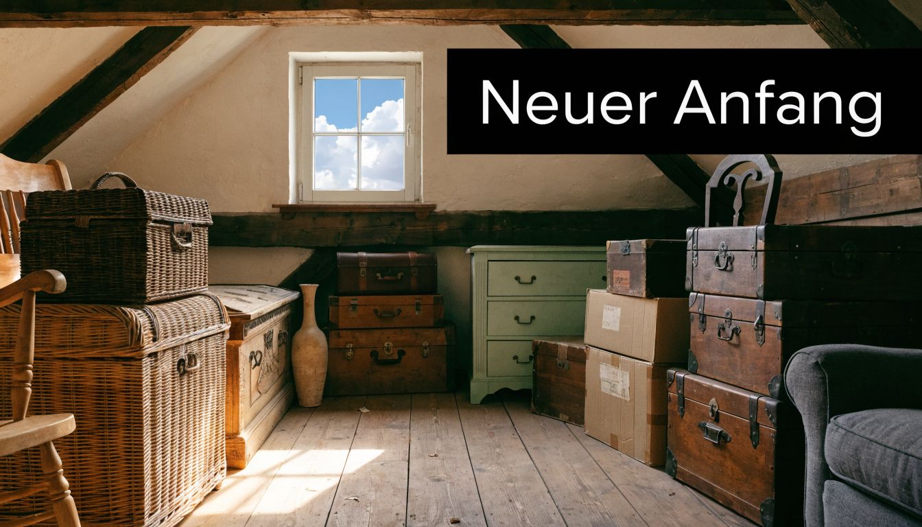Ein Dachboden mit alten Koffern, Umzugskartons und einem Fenster, der einen Neuanfang und Entrümpelung symbolisiert.