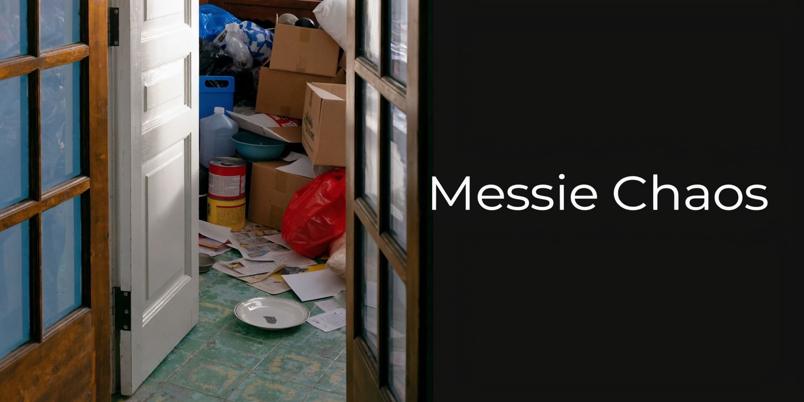 Ein unaufgeräumtes Zimmer voller Kartons, Plastiktüten und Müll, das typisch für das Messie-Syndrom und starke Vermüllung ist.
