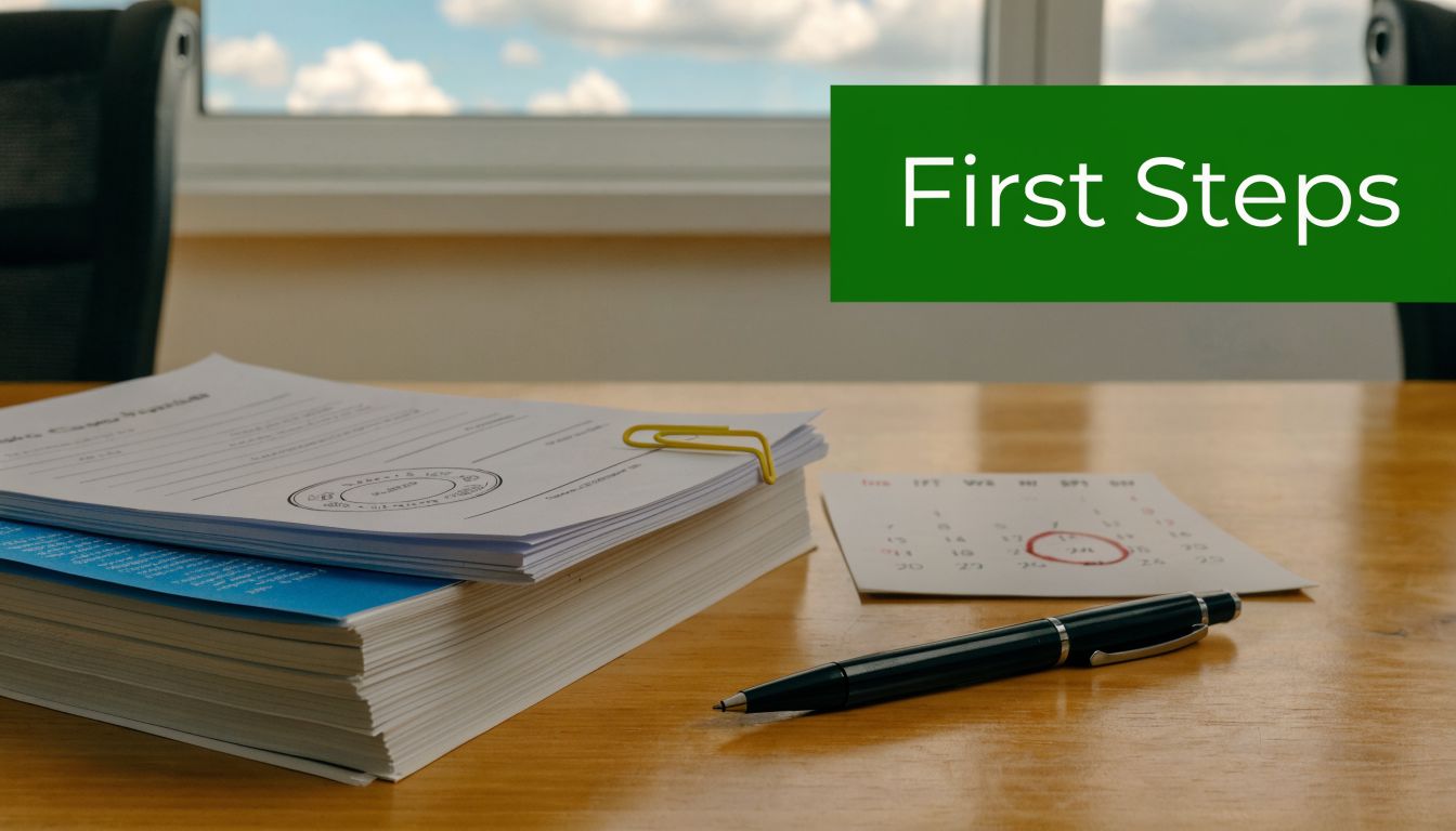 Ein Schreibtisch mit einem Stapel Dokumente, einem Kalender mit roter Markierung und einem Kugelschreiber, passend zum Thema Nachlassregelung.