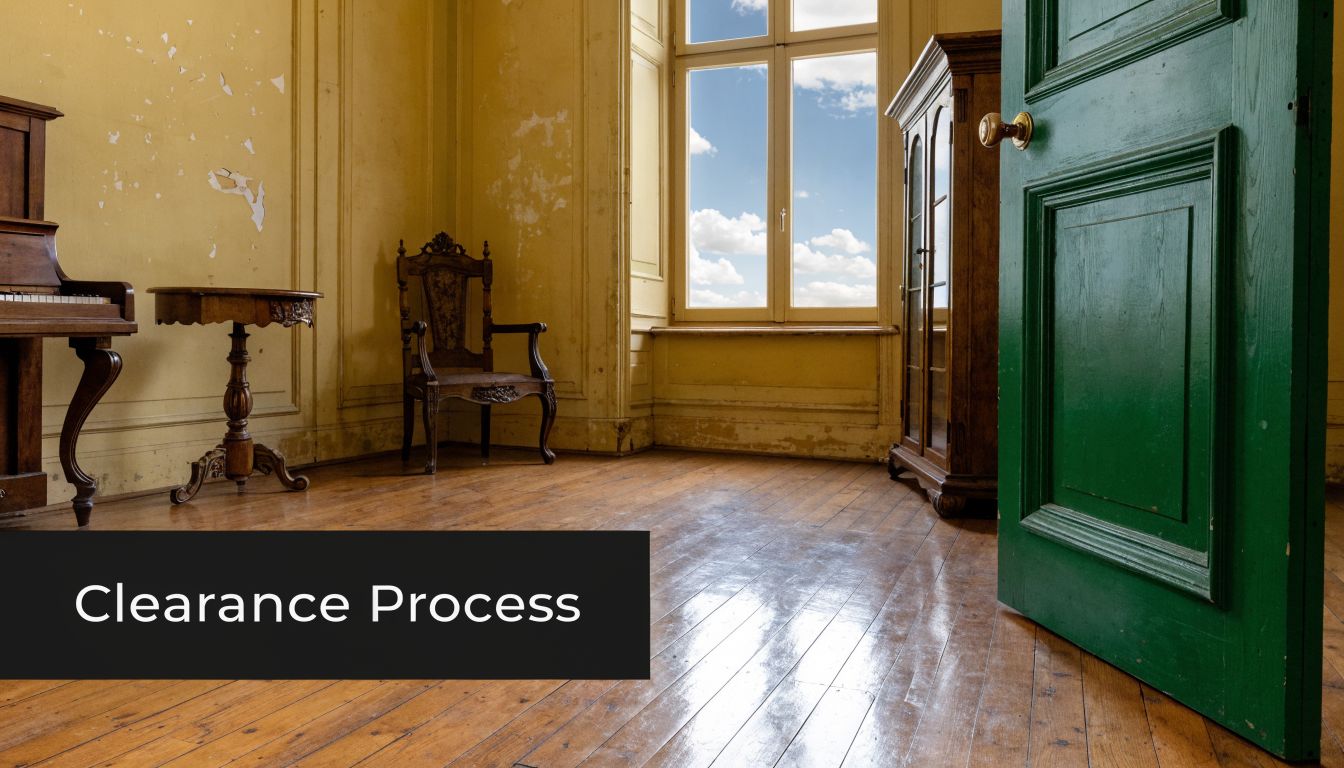 Ein verlassener Raum mit antiken Möbeln, einem Klavier und einer offenen grünen Tür, symbolisch für eine Haushaltsauflösung.