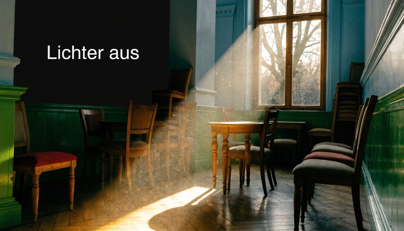 Ein verlassener Gastraum mit Tischen, Stühlen und einem einfallenden Lichtstrahl durch ein großes Fenster.
