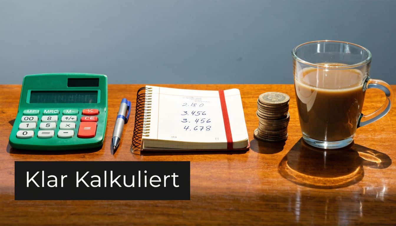 Ein Taschenrechner, ein Notizbuch mit Zahlen, ein Stift und ein Kaffee auf einem hölzernen Schreibtisch arrangiert.