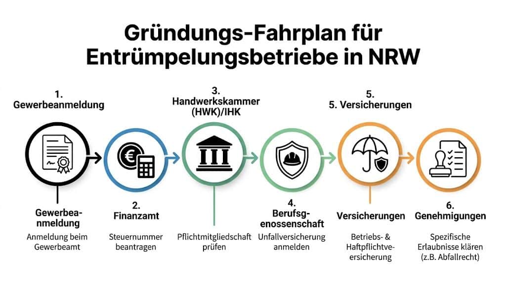 Ein grafischer Fahrplan für die Gründung eines Entrümpelungsbetriebs in Nordrhein-Westfalen mit sechs verschiedenen notwendigen Schritten.