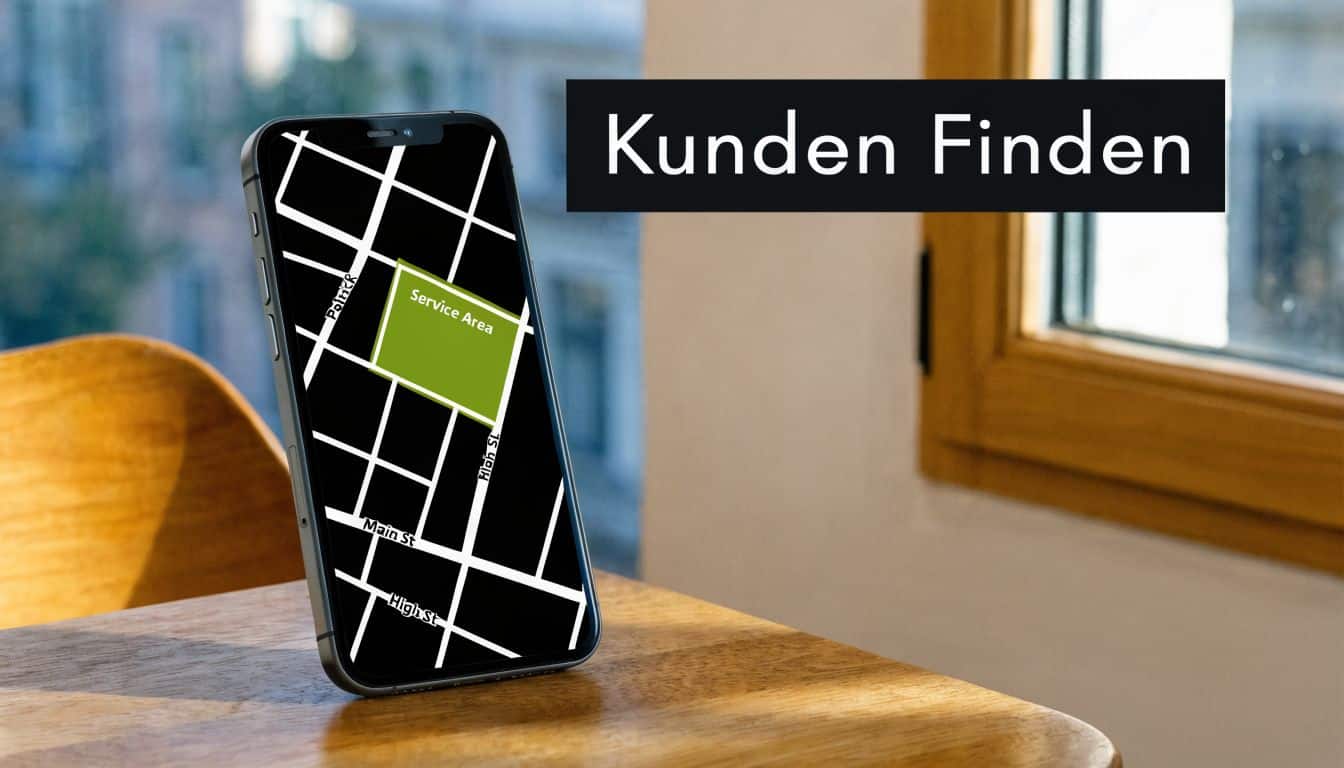 Ein Smartphone steht auf einem Holztisch und zeigt eine digitale Landkarte mit einem markierten Servicebereich für Kunden.