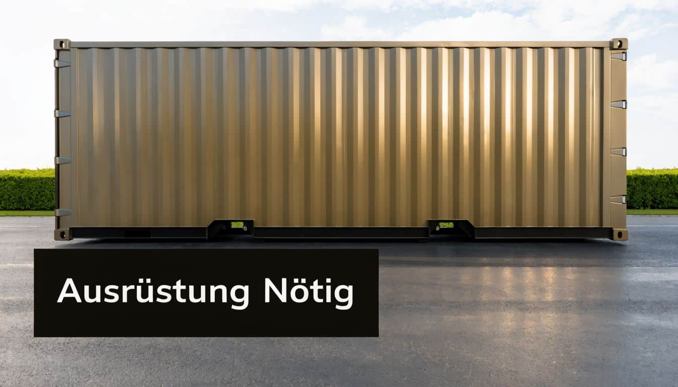Ein goldener Schiffscontainer steht auf einem asphaltierten Platz, wobei der Text Ausrüstung Nötig eingeblendet ist.