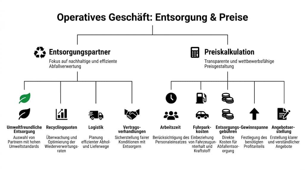 Ein Flussdiagramm, das die operativen Prozesse einer Entrümpelungsfirma im Bereich Entsorgung und Preiskalkulation übersichtlich darstellt.