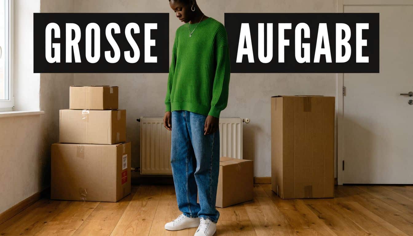 Ein junger Mann mit grünem Pullover steht nachdenklich inmitten von Umzugskartons in einer fast leeren Wohnung.