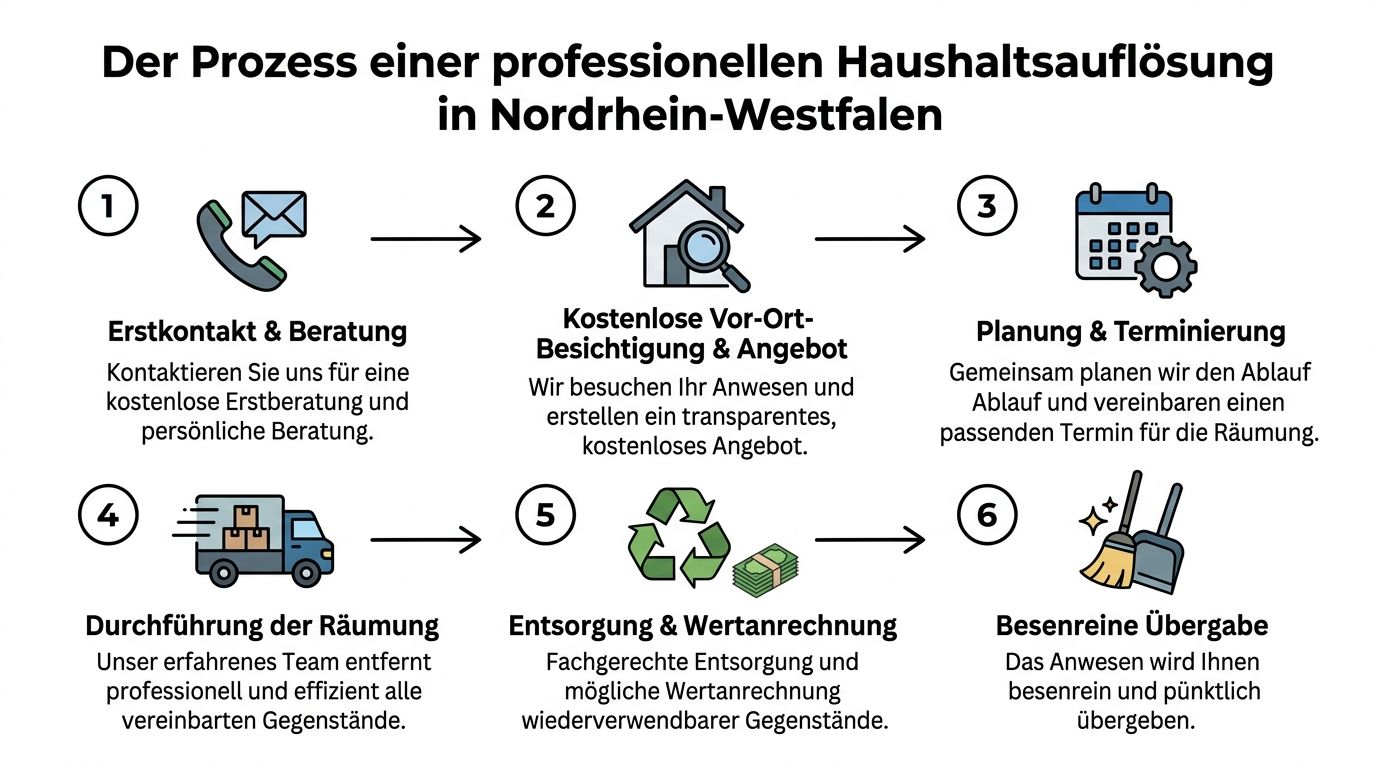 Eine Infografik, die den sechsstufigen Prozess einer professionellen Haushaltsauflösung von der Beratung bis zur besenreinen Übergabe darstellt.