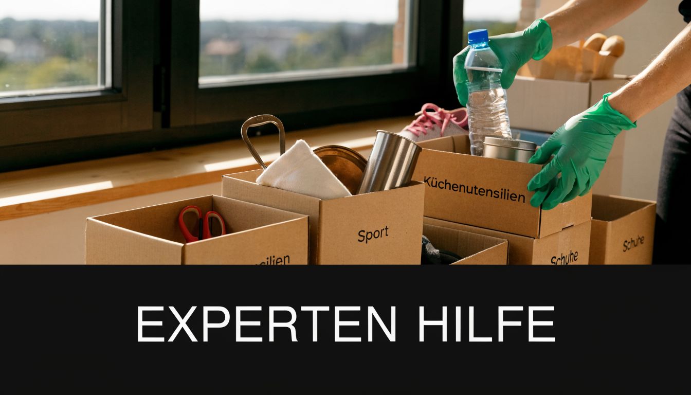 Eine Person mit grünen Handschuhen sortiert in Umzugskartons für eine Haushaltsauflösung mit der Beschriftung Küchenutensilien und Sport.