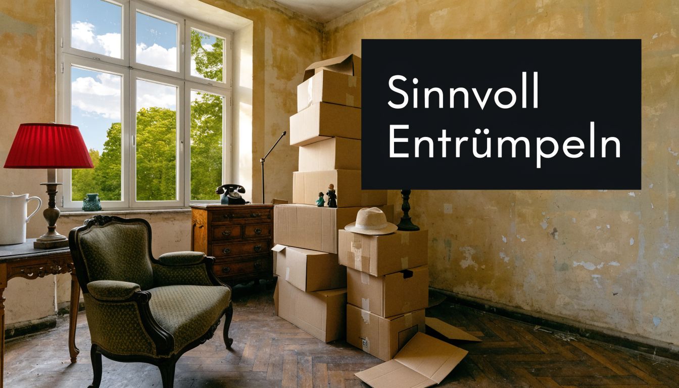 Ein leerer Raum mit einem Sessel, einer Lampe und einem Stapel Umzugskartons für eine Entrümpelung.