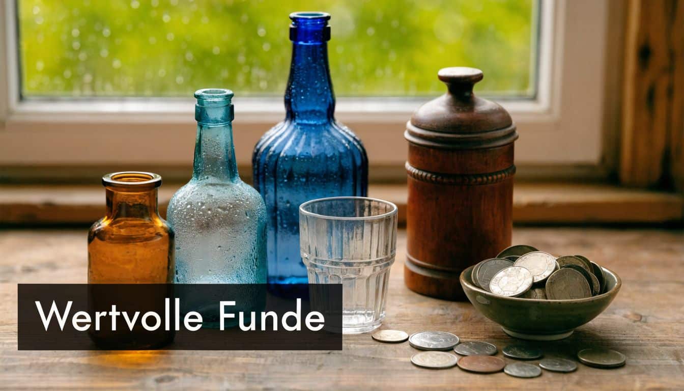 Verschiedene alte Glasflaschen, ein Glas und eine Schale mit Münzen stehen auf einem hölzernen Fenstersims.