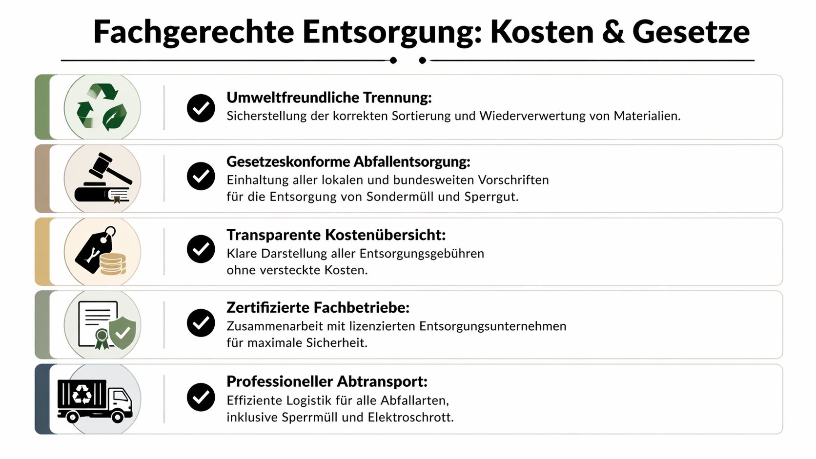 Eine Infografik zur fachgerechten Entsorgung mit Informationen zu Trennung, Gesetzen, Kosten, zertifizierten Betrieben und dem professionellen Abtransport von Abfällen.