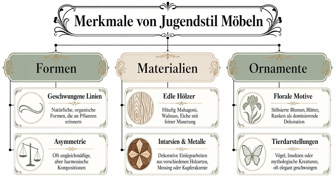 Eine Infografik über die gestalterischen Merkmale von Jugendstil-Möbeln mit Fokus auf Formen, Materialien und dekorative Ornamente.