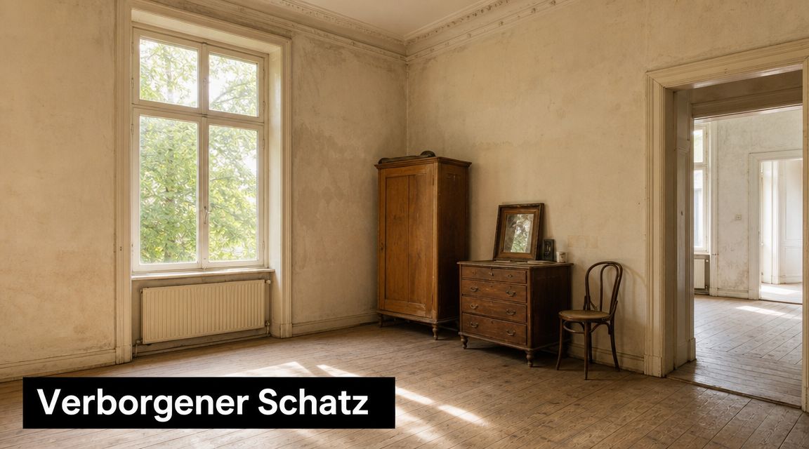 Ein leerer Raum mit Jugendstil-Möbeln, darunter ein alter Holzschrank und eine Kommode mit Spiegel vor einem Fenster.
