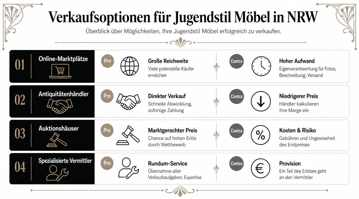 Eine Übersicht der Verkaufsoptionen für Jugendstil-Möbel in Nordrhein-Westfalen mit Vor- und Nachteilen für jede Methode.