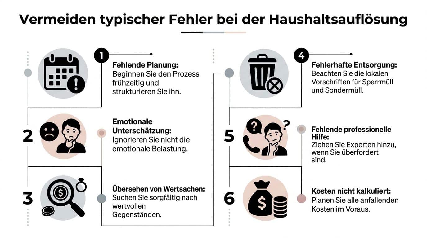 Infografik mit sechs Tipps zur Vermeidung typischer Fehler bei der Planung einer Haushaltsauflösung oder Entrümpelung.