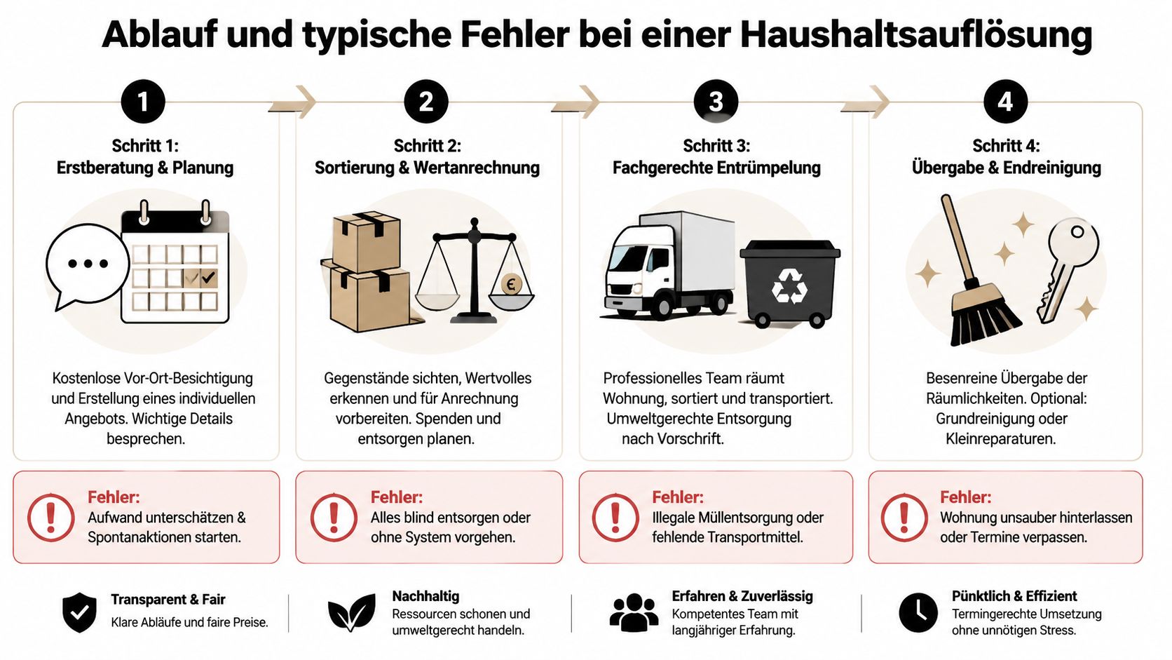 Eine Infografik mit vier Schritten zur professionellen Haushaltsauflösung inklusive typischer Fehler und ihrer Vorteile.