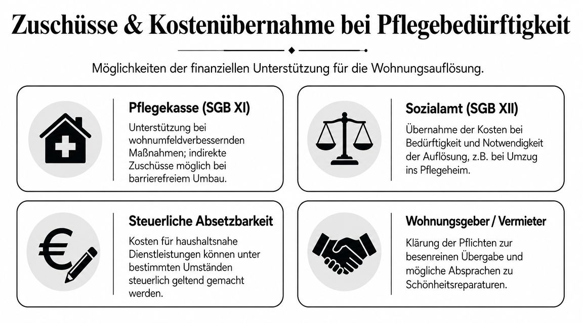 Übersicht über finanzielle Unterstützungsmöglichkeiten und Kostenübernahme bei der Wohnungsauflösung im Falle einer Pflegebedürftigkeit.