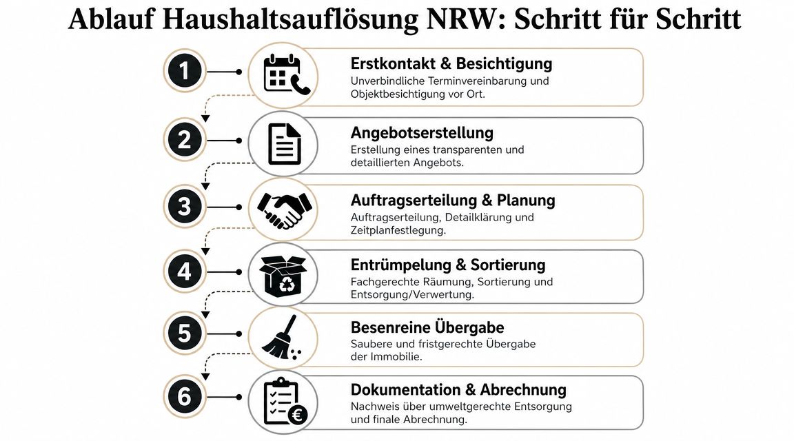 Eine Infografik zeigt den sechs-stufigen Ablauf einer professionellen Haushaltsauflösung von der Besichtigung bis zur finalen Abrechnung.