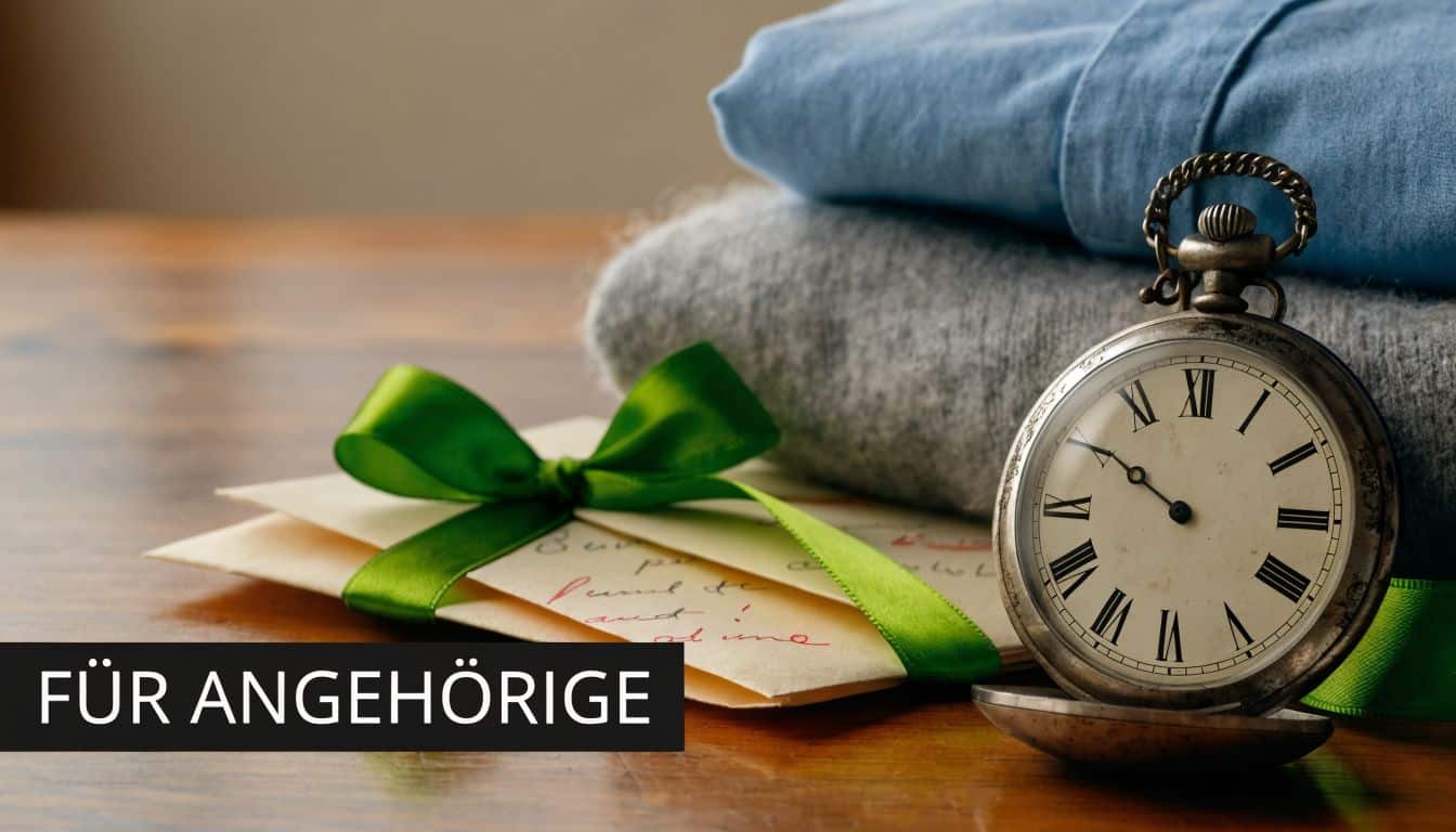Ein antike Taschenuhr liegt neben einem handgeschriebenen Brief mit einer grünen Schleife und gefalteten Kleidungsstücken auf einem Tisch.