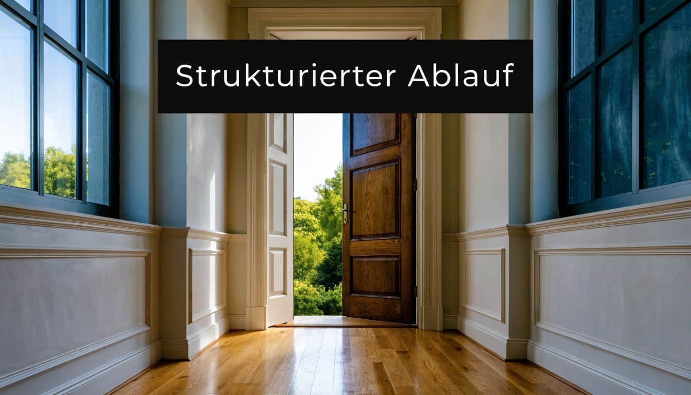 Ein offenes Holztor mit Blick auf einen grünen Wald, eingerahmt von eleganten weißen Wänden und Fenstern.