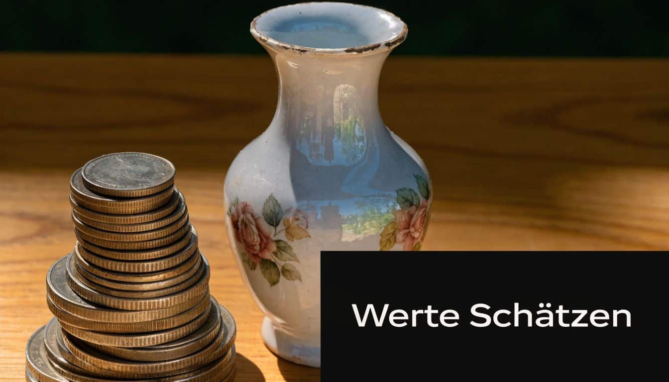 Ein Stapel Münzen steht neben einer kleinen verzierten Blumenvase auf einem hölzernen Tisch.