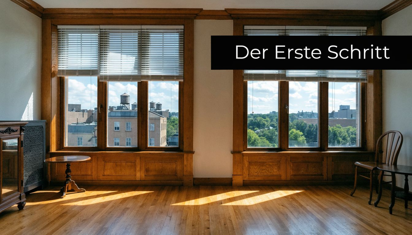 Ein heller, leerer Raum mit großen Holzfenstern, Holzboden und einem leeren Tisch sowie einem einzelnen Stuhl.