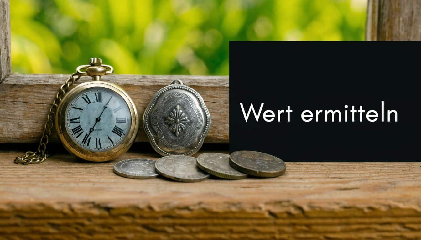 Eine antike Taschenuhr, ein silberner Anhänger und alte Münzen liegen auf einer hölzernen Fensterbank zur Werteinschätzung.
