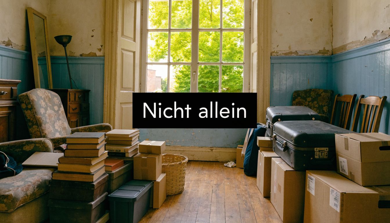 Ein verlassener Raum mit gestapelten Büchern, Koffern, Umzugskartons und einer alten Couch vor einem großen hellen Fenster.