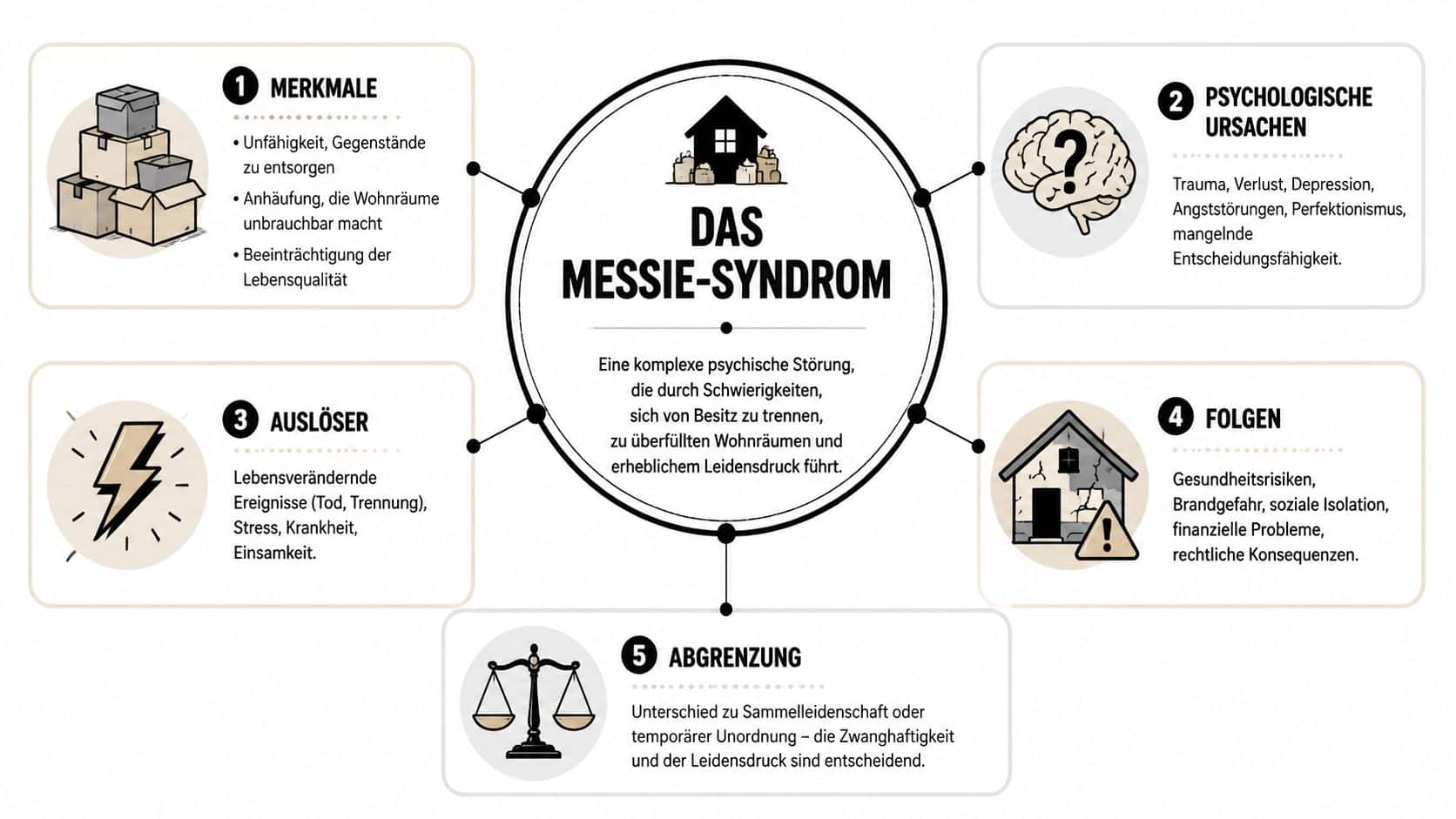 Eine Infografik zum Messie-Syndrom, die Merkmale, psychologische Ursachen, Auslöser, Folgen und die Abgrenzung von Sammelleidenschaft darstellt.