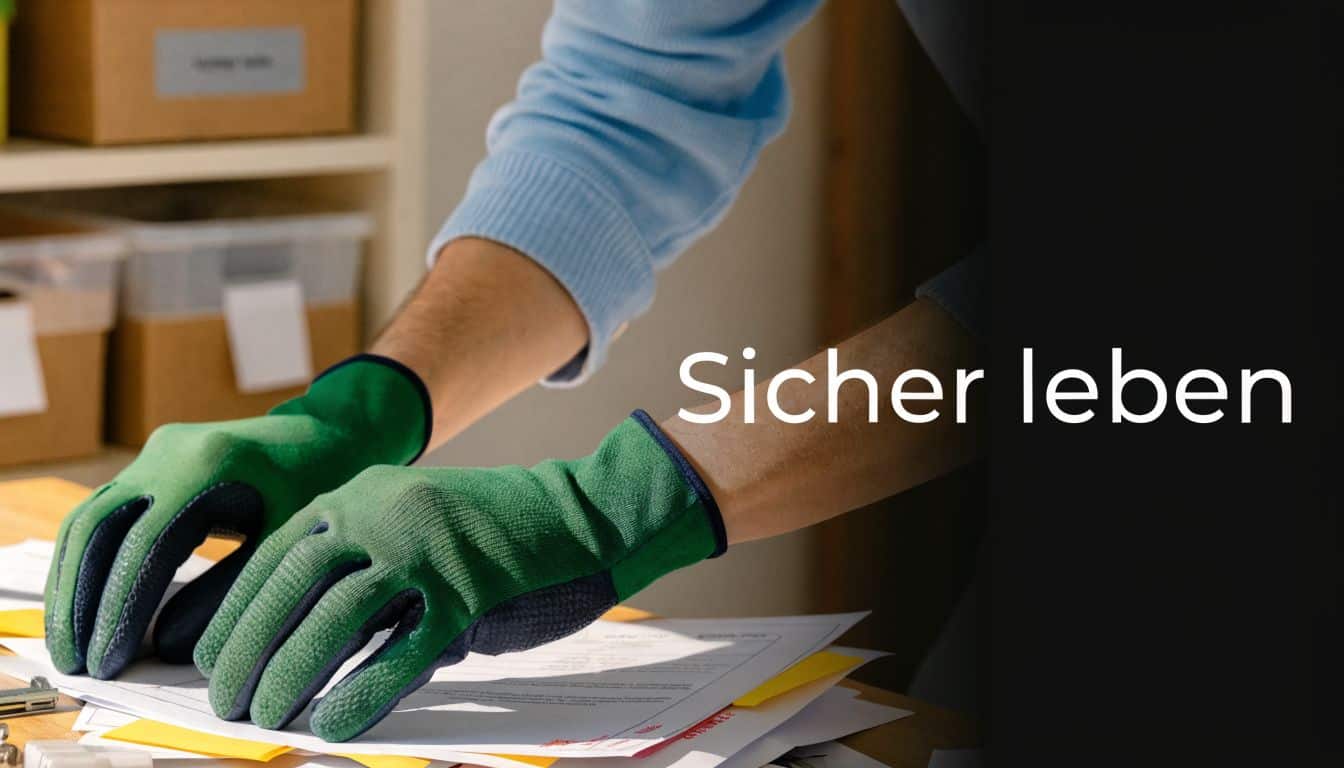 Eine Person mit grünen Schutzhandschuhen organisiert wichtige Dokumente und Papiere auf einem Holztisch in einem ordentlichen Raum.