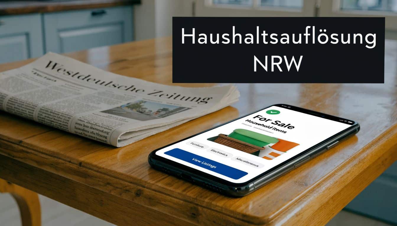 Ein Smartphone auf einem Holztisch neben einer Zeitung mit der Überschrift Haushaltsauflösung NRW für gebrauchte Haushaltsgegenstände.