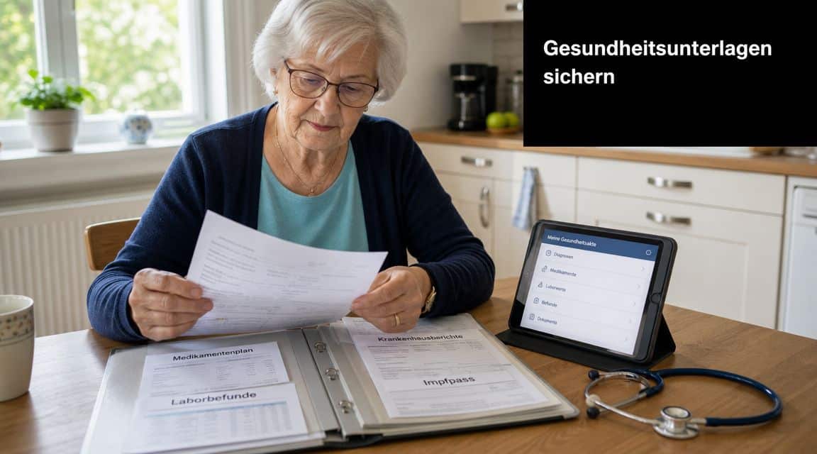Eine ältere Dame sortiert wichtige medizinische Dokumente und Unterlagen zur digitalen Sicherung ihrer persönlichen Gesundheitsakten am Küchentisch.