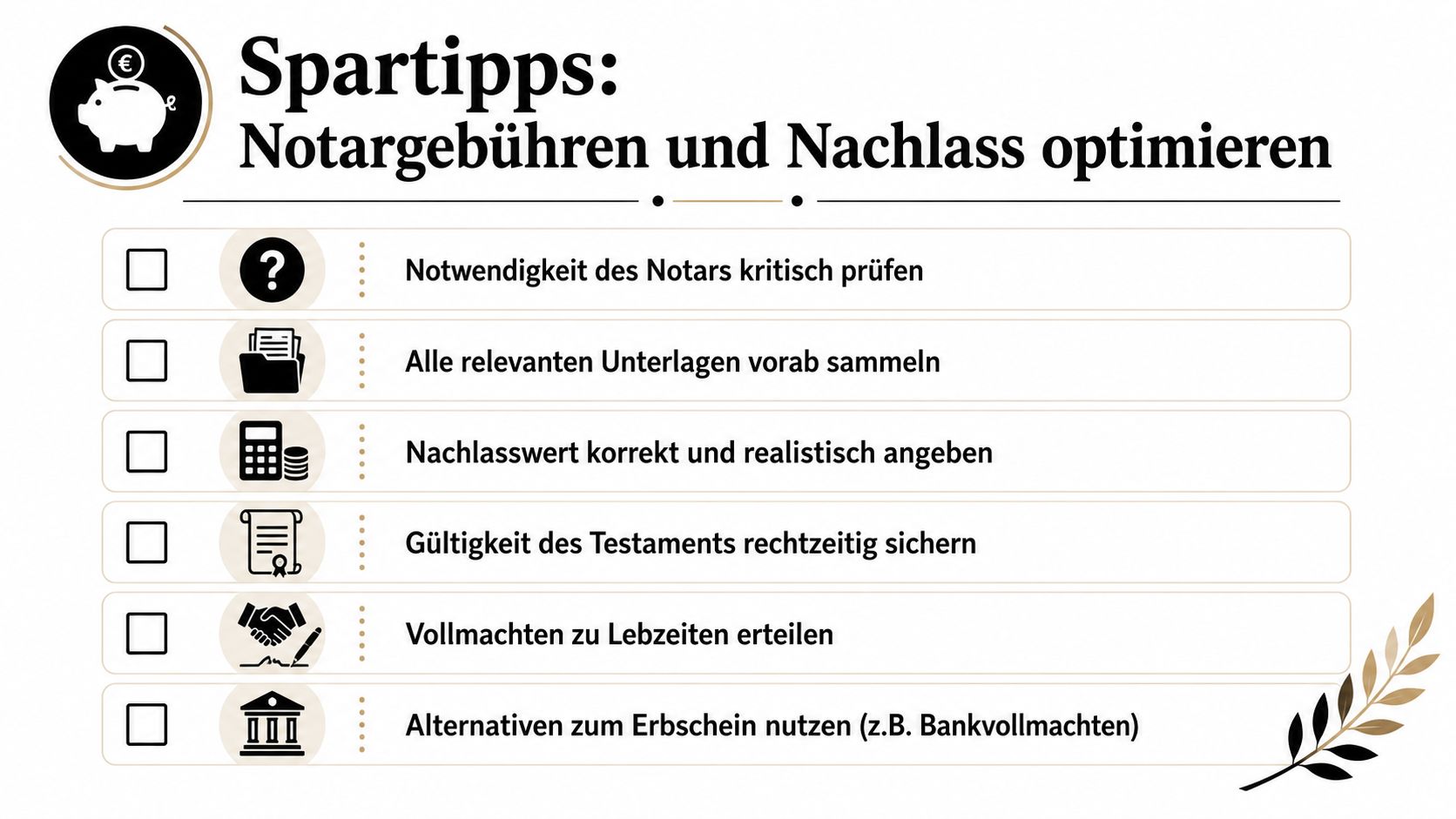 Eine Infografik mit sechs Spartipps zur Optimierung von Notargebühren und Nachlass bei einer Erbschaft.