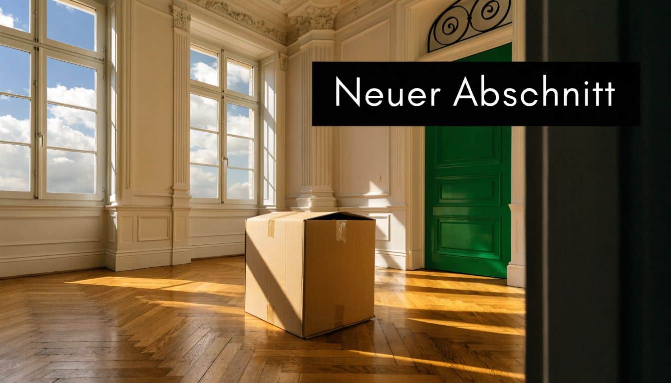 Ein einzelner Umzugskarton steht in der Mitte eines sonnendurchfluteten, leeren Raumes mit hohem Decken-Ambiente.