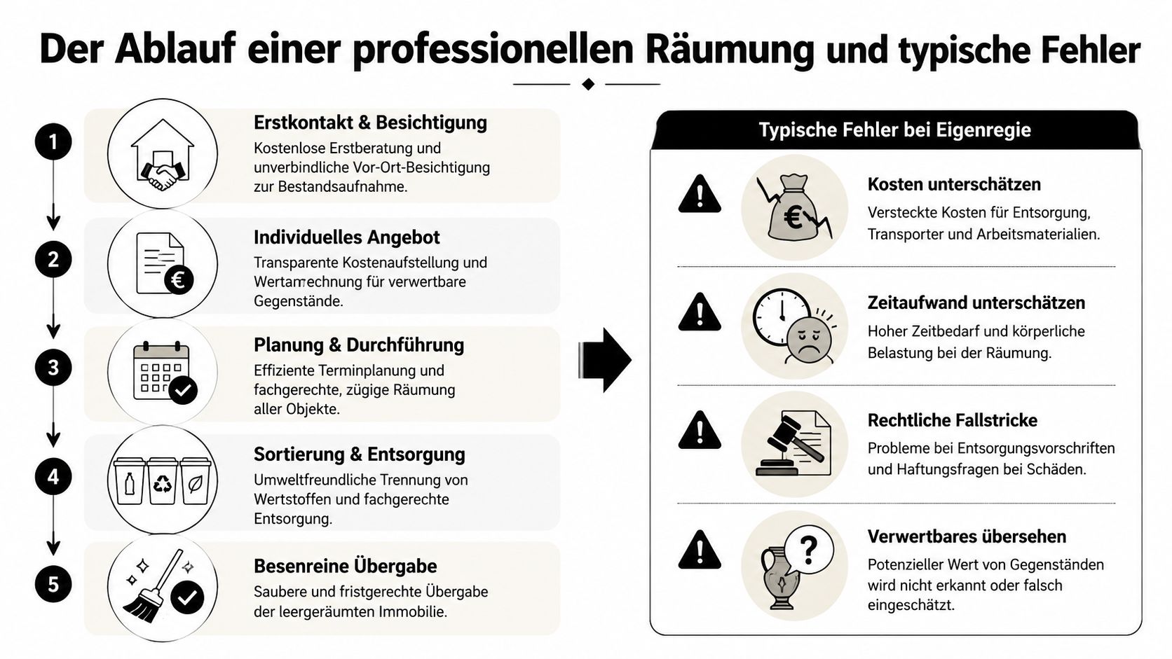 Grafik zum Ablauf einer professionellen Wohnungsräumung und häufige Fehler bei der Durchführung einer Räumung in Eigenregie.