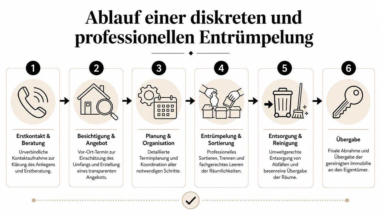 Eine Infografik mit sechs Schritten, die den professionellen Ablauf einer diskreten Entrümpelung veranschaulicht.