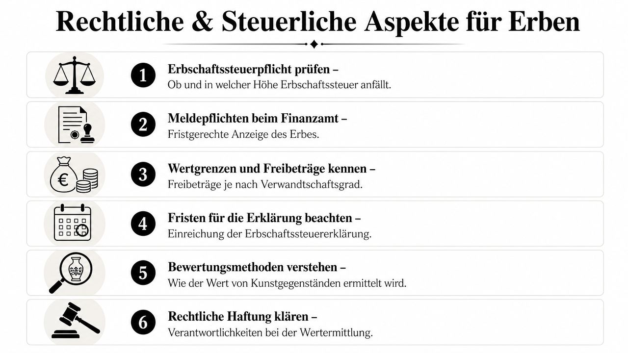 Eine Infografik mit sechs wichtigen Schritten zu rechtlichen und steuerlichen Aspekten für Erben von Kunstgegenständen.