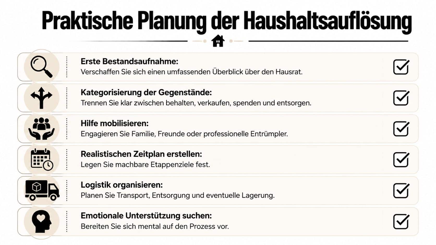 Eine Infografik zur praktischen Planung einer Haushaltsauflösung mit sechs wichtigen Schritten für einen organisierten Ablauf.