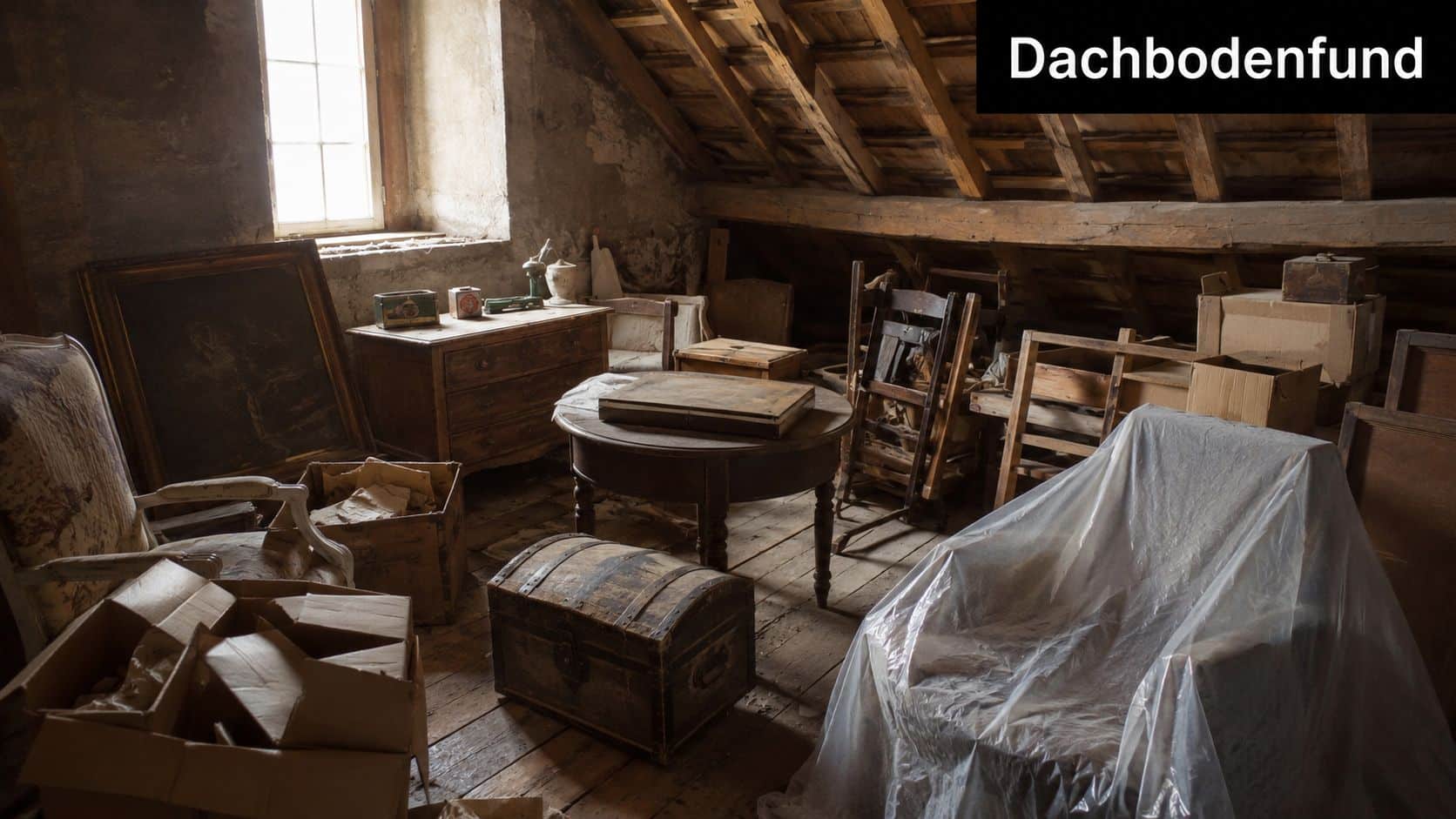 Ein verstaubter Dachboden mit alten Möbeln, Kisten, Truhen und Kunstgegenständen im gemütlichen, historischen Ambiente eines Dachgeschosses.