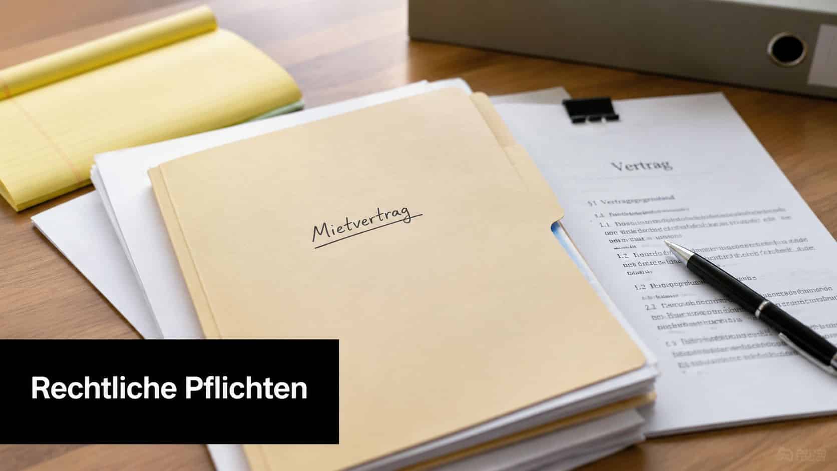 Ein Mietvertrag liegt auf einem Schreibtisch bereit, begleitet von einem Stift und weiteren Dokumenten in einem Büro.