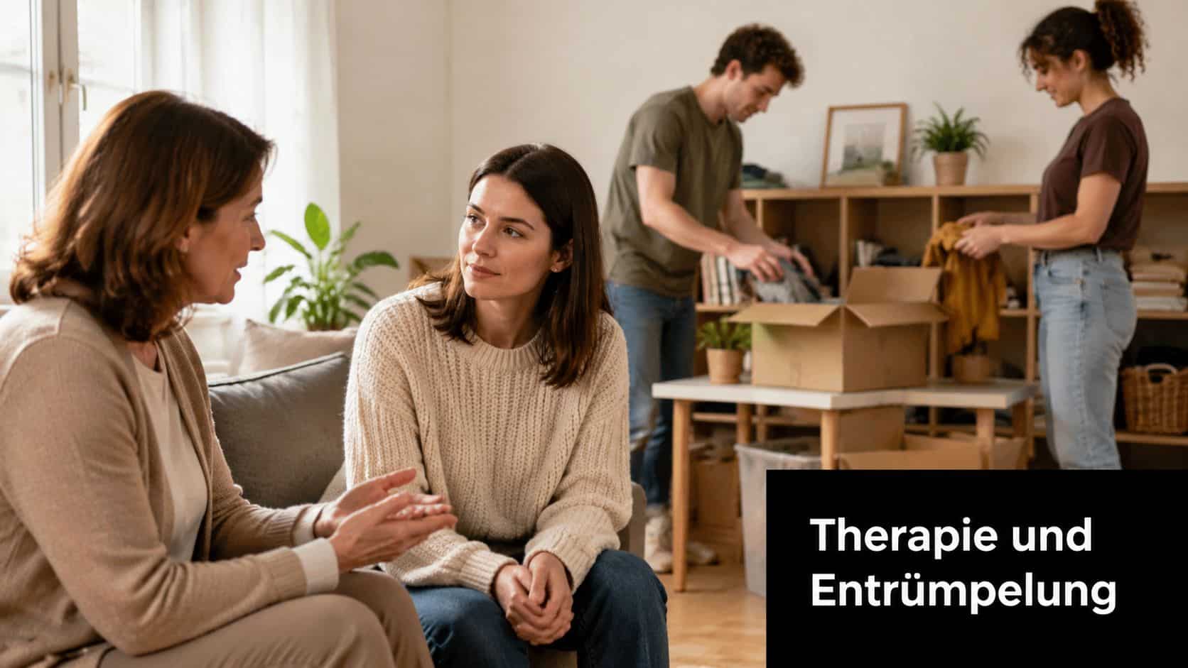 Eine Frau berät eine andere Person in einer Wohnung, während im Hintergrund Menschen beim Aufräumen helfen.