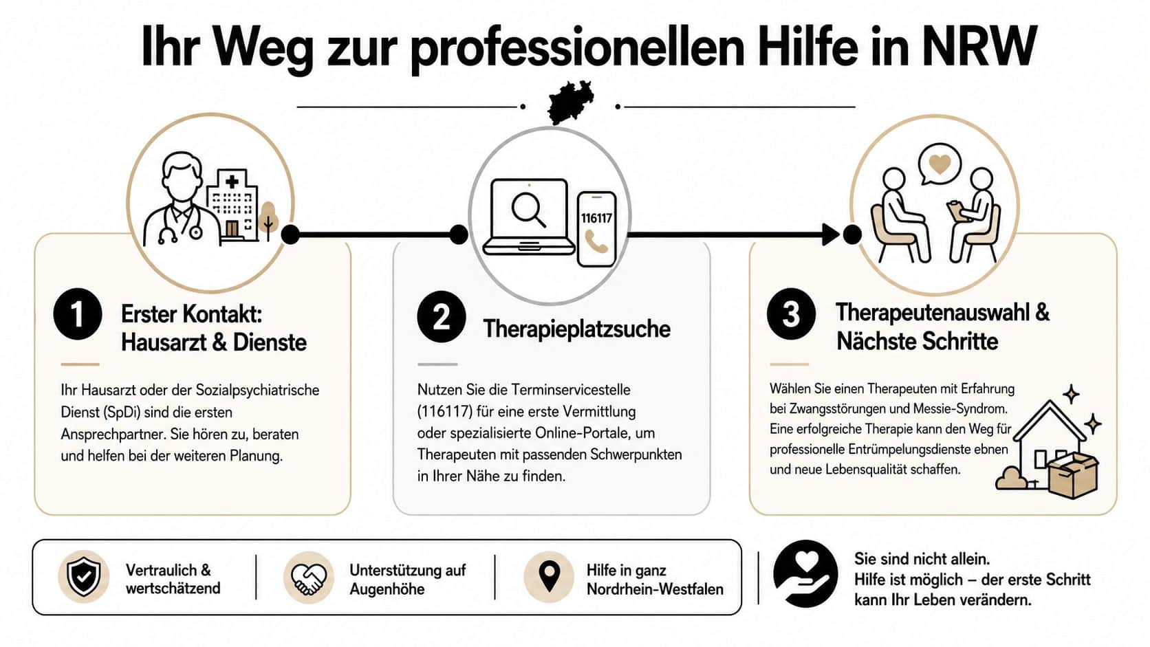 Infografik zum Weg zur professionellen Hilfe bei Zwangsstörungen und Messie-Syndrom in Nordrhein-Westfalen in drei Schritten erklärt.