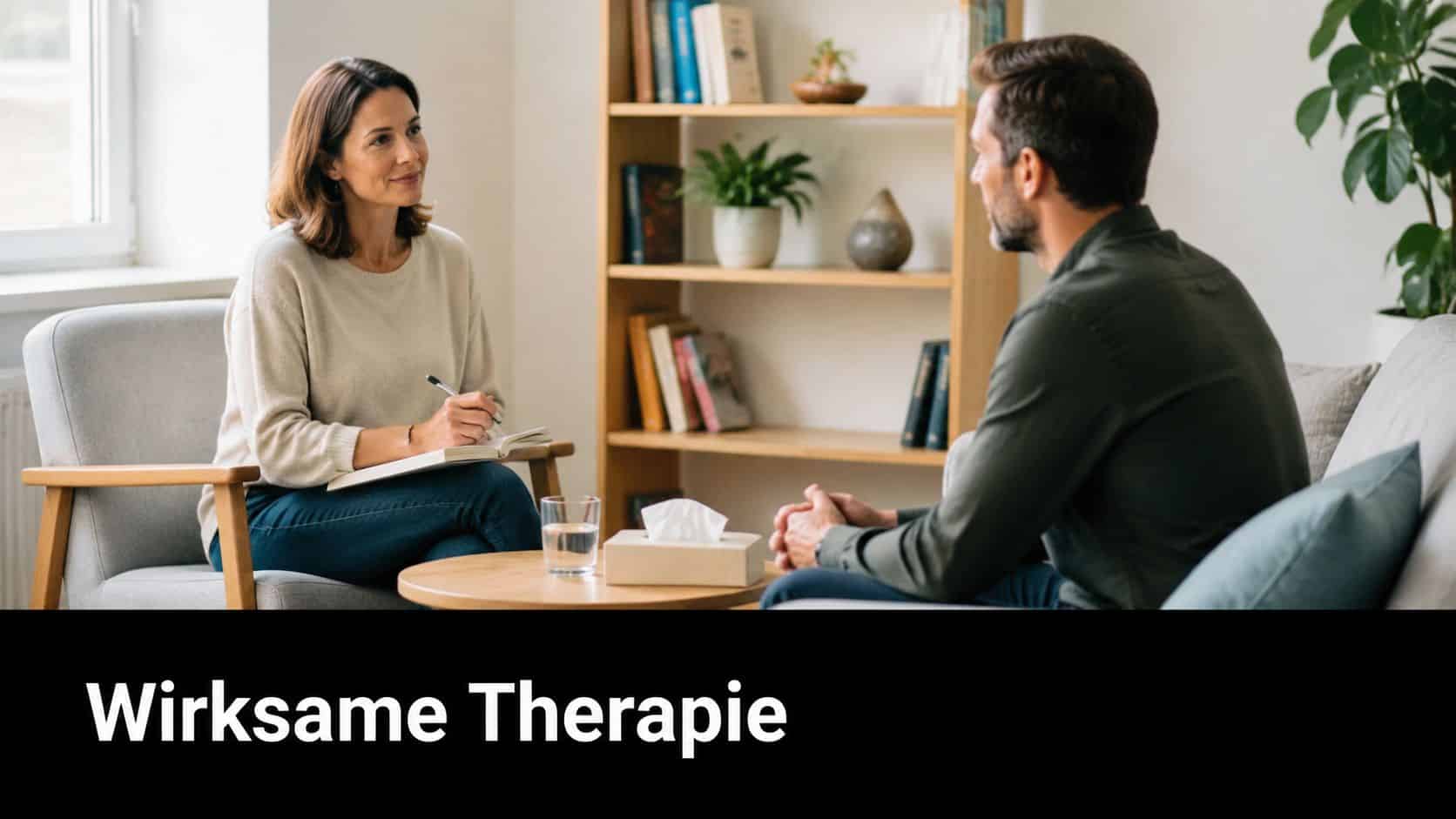 Eine Therapeutin führt ein vertrauliches Gespräch mit einem Patienten während einer psychotherapeutischen Sitzung in einer Praxis.