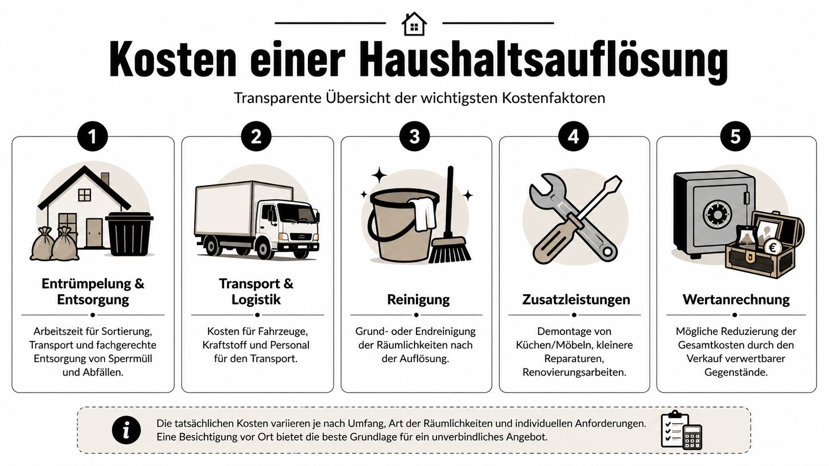 Infografik zeigt die fünf wichtigsten Kostenfaktoren bei einer Haushaltsauflösung von Entrümpelung bis zur Wertanrechnung.