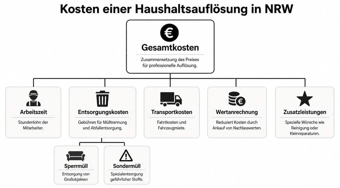 Eine Infografik zur Zusammensetzung der Kosten für eine professionelle Haushaltsauflösung in Nordrhein-Westfalen inklusive aller Faktoren.