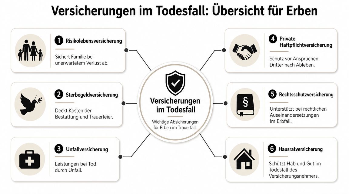 Übersicht der sechs wichtigsten Versicherungsarten, die für Erben im Todesfall eine Rolle spielen können.